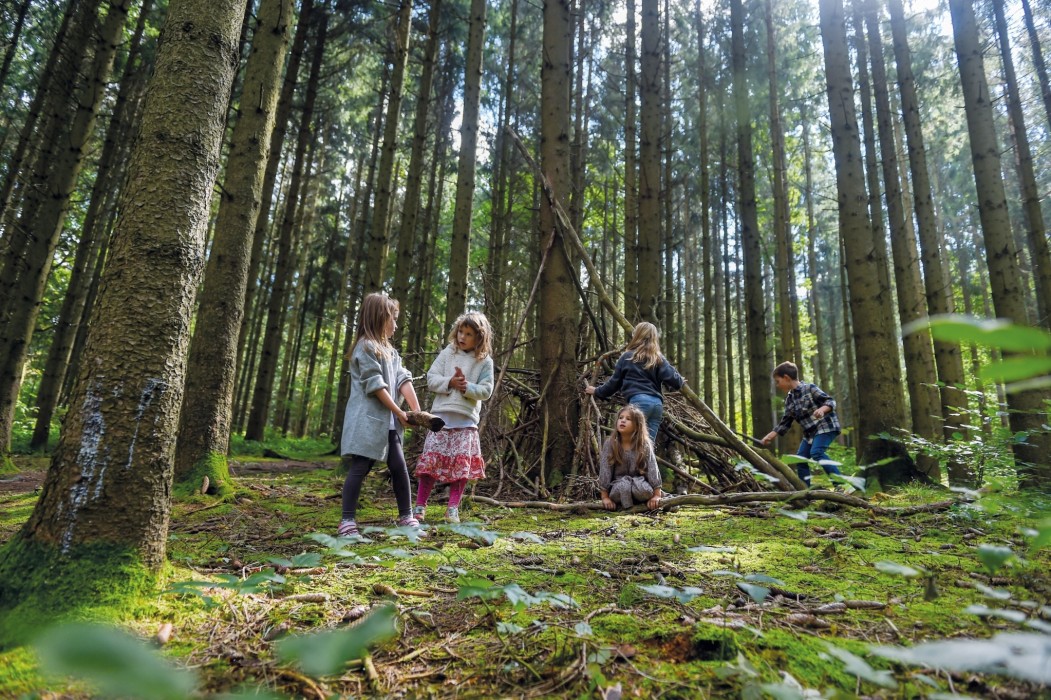 Kinder spielen im Wald im ULRICHSHOF