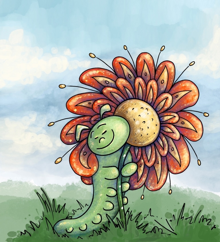 Raupe und Blume - Illustration Tom Bauernfeind