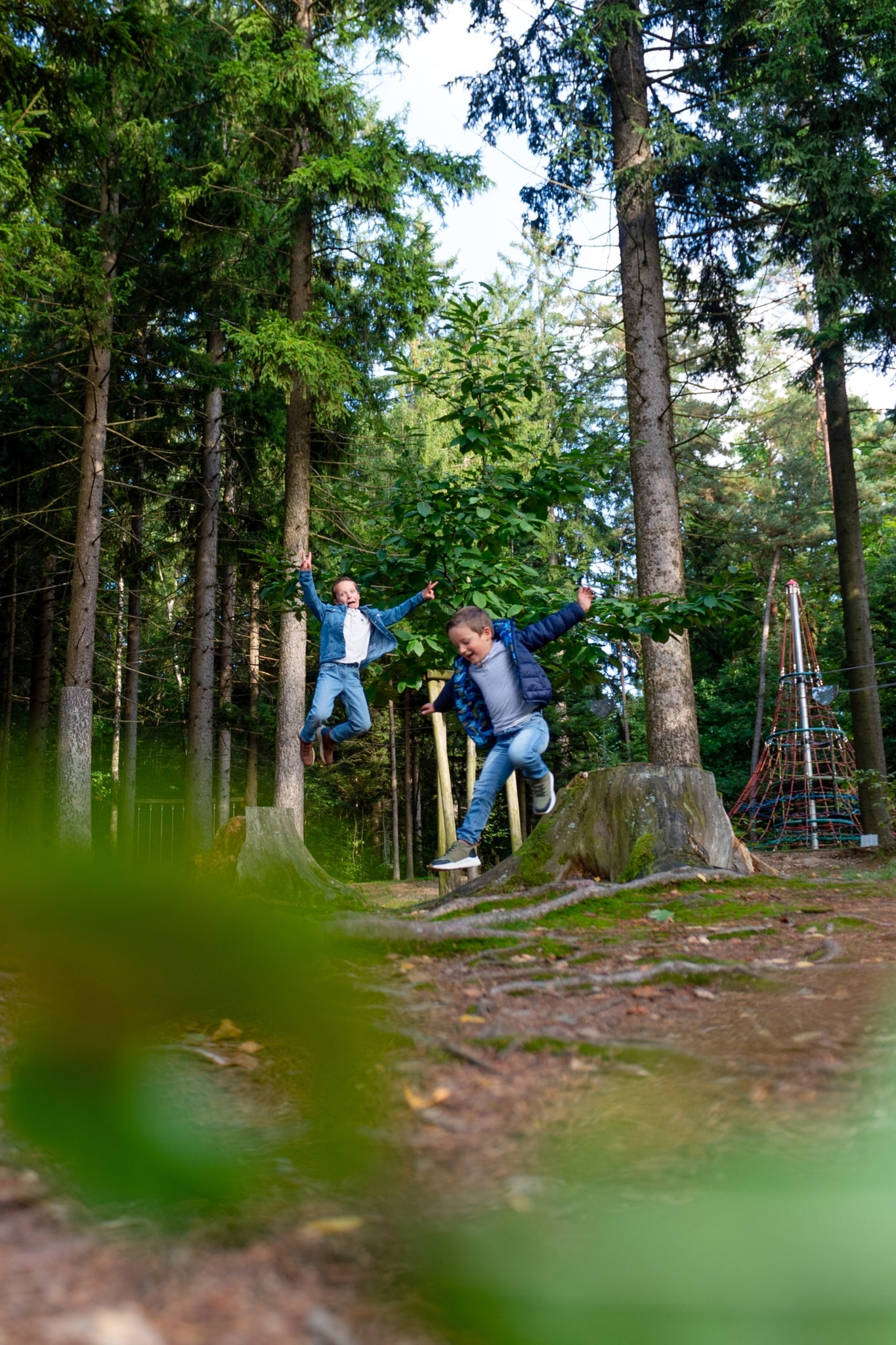 Waldspielplatz im ULRICHSHOF mit Kletterturm, spielenden Kindern und naturnahem Abenteuerbereich zwischen hohen Bäumen