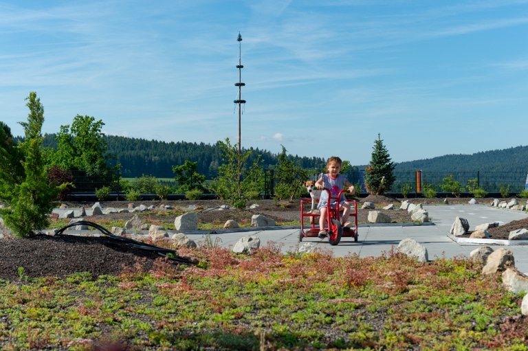 Kind fährt auf dem Tretflitzer-Rundkurs durch die weitläufige Outdoor-Anlage des ULRICHSHOF – umgeben von Natur, Felsen und abwechslungsreichen Fahrwegen mit Blick über den Bayerischen Wald.